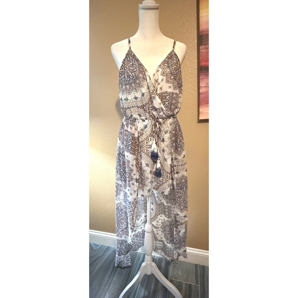 Boho Paisley High-Low Romper Maxi W/ Shorts Dress Tassels White Blue Brown Large